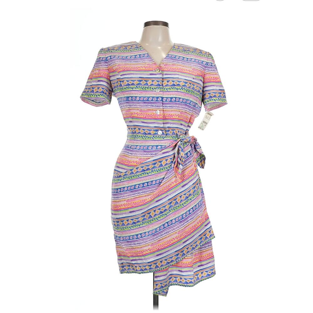 Vtg Talbots Wrap Dress NWT Size 10 Multicolor Striped 100% Silk 80s Deadstock
